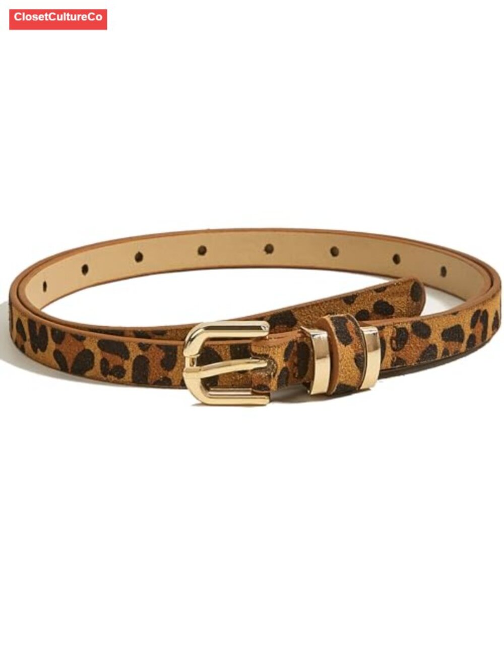 Leopard Skinny Belt for Women Faux Leather Thin Waist Dress Jeans Gold Buckle